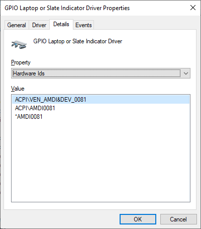 Device Manager screenshot, showing the &ldquo;Hardware ids&rdquo; property of the &ldquo;GPIO Laptop or Slate Indicator Driver&rdquo;. The values are &ldquo;ACPI\VEN_AMDI&DEV0081&rdquo;, &ldquo;ACPI\AMDI0081&rdquo; and &ldquo;*AMDI0081&rdquo;