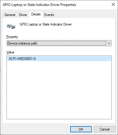 Device Manager screenshot, showing the &ldquo;Device Instance Path&rdquo; property of the &ldquo;GPIO Laptop or Slate Indicator Driver&rdquo;. The value is &ldquo;ACPI\AMDI0081\0&rdquo;