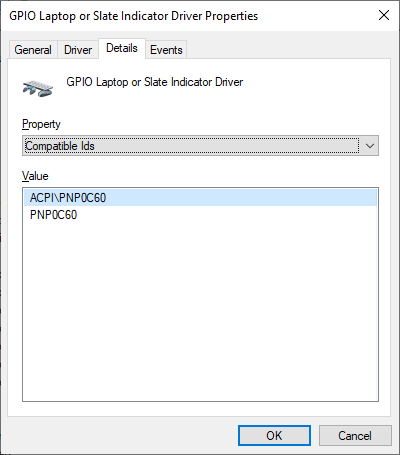 Device Manager screenshot, showing the &ldquo;Compatible Ids&rdquo; property of the &ldquo;GPIO Laptop or Slate Indicator Driver&rdquo;. The values are &ldquo;ACPI\PNP0C60&rdquo; and &ldquo;PNP0C60&rdquo;